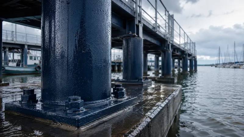Pilares de aço de píer pintados de azul-marinho na linha da maré, molhados de água do mar, marina ao fundo