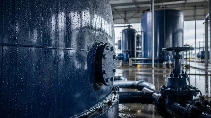 Tanques industriais metálicos azul-escuros com gotas d'água, tubulações e válvulas em galpão