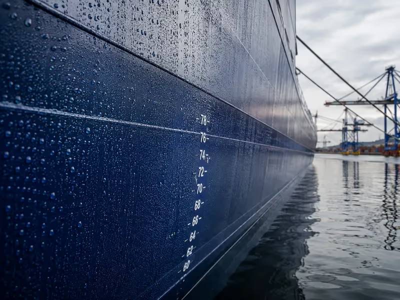 Casco de navio de ferro azul-profundo na linha d'água, marcas de calado brancas e gotas em pérola sobre a pintura, guindastes do porto ao fundo