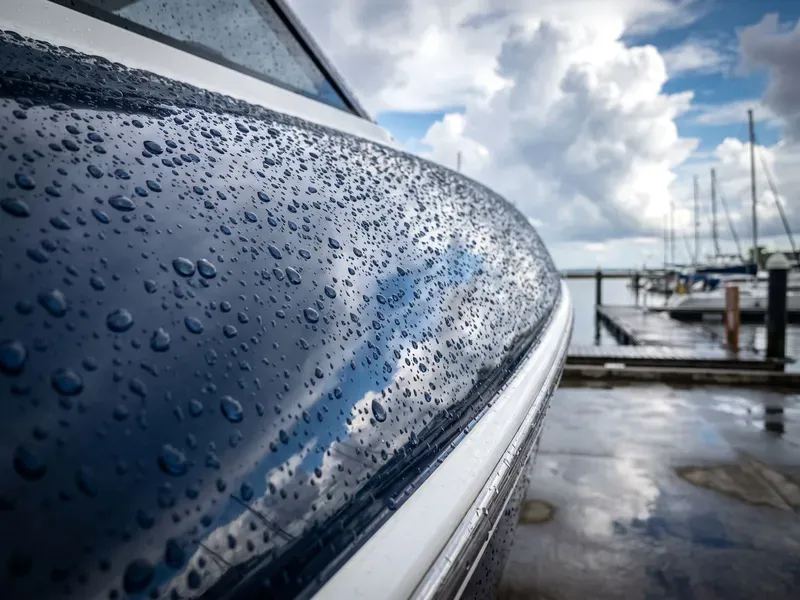 Casco de lancha em marina pintado com epóxi protetivo azul profundo molhado, gotas d’água apoiadas sobre a pintura após a chuva, céu de nuvens dramáticas e docas ao fundo
