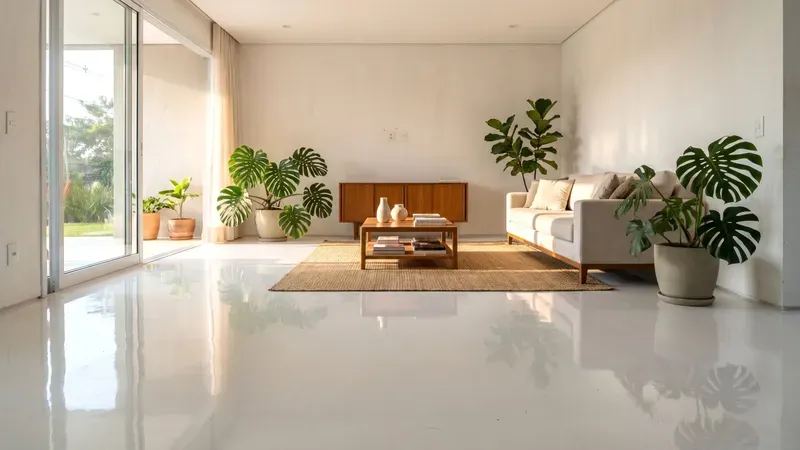 Sala residencial com porcelanato líquido branco espelhado sem juntas refletindo sofá e plantas na luz da tarde