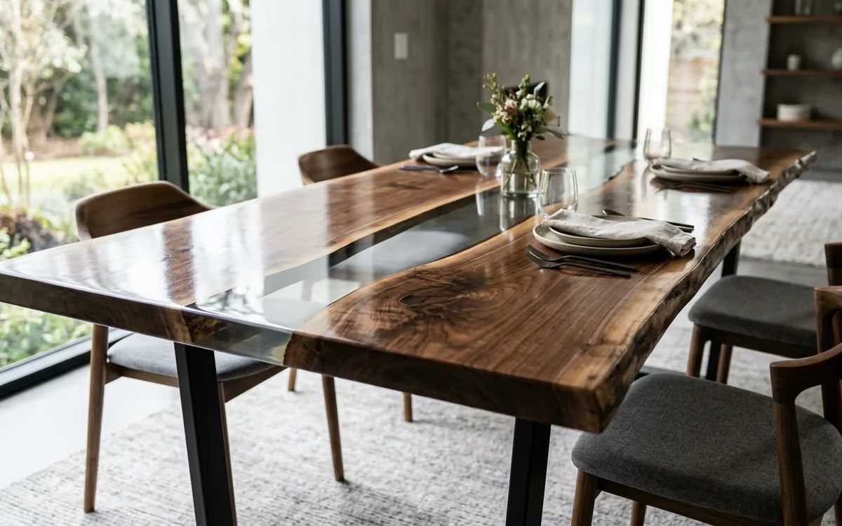 Mesa de jantar de madeira maciça com bordas naturais e veio central de resina epóxi transparente de acabamento espelhado, vista em ângulo três quartos em sala iluminada