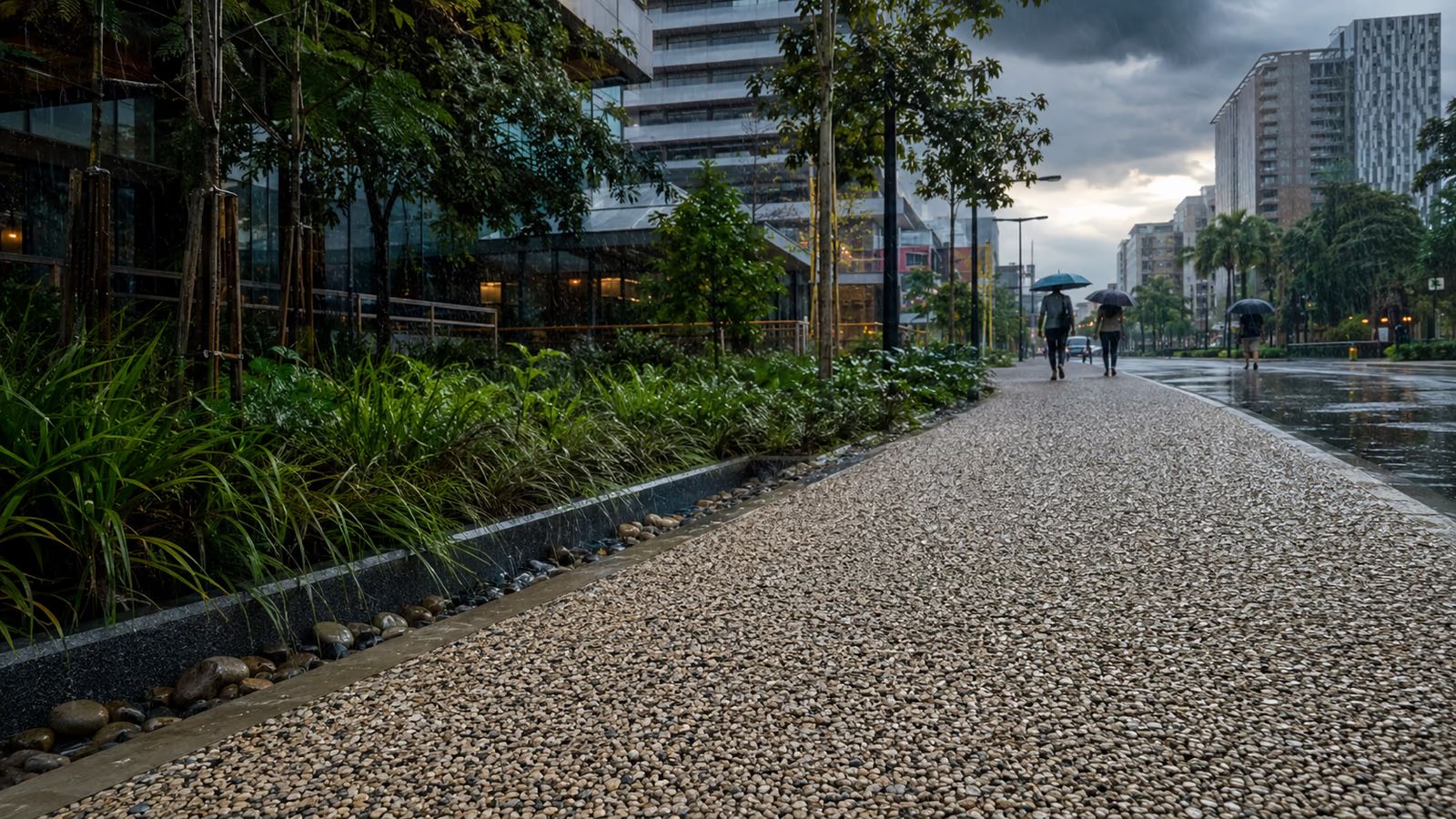 Calçada de piso drenante sem poças durante chuva intensa em uma cidade-esponja com jardins e áreas verdes
