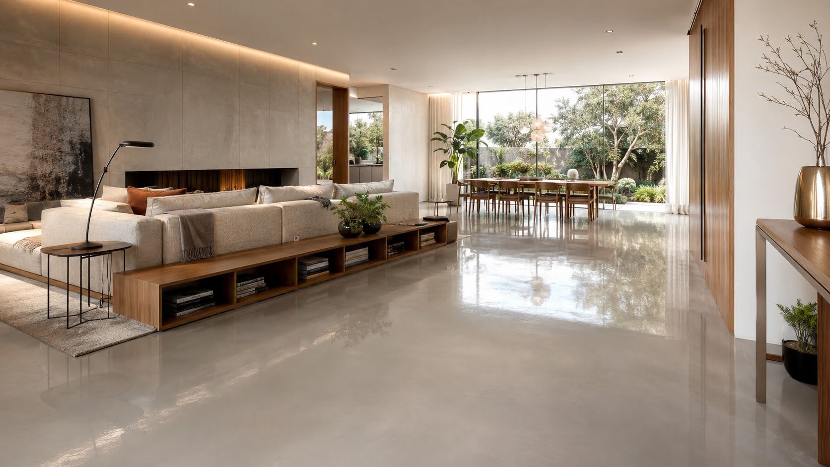 Sala contemporânea integrada com piso contínuo brilhante e sem rejunte, revelando amplitude e continuidade visual