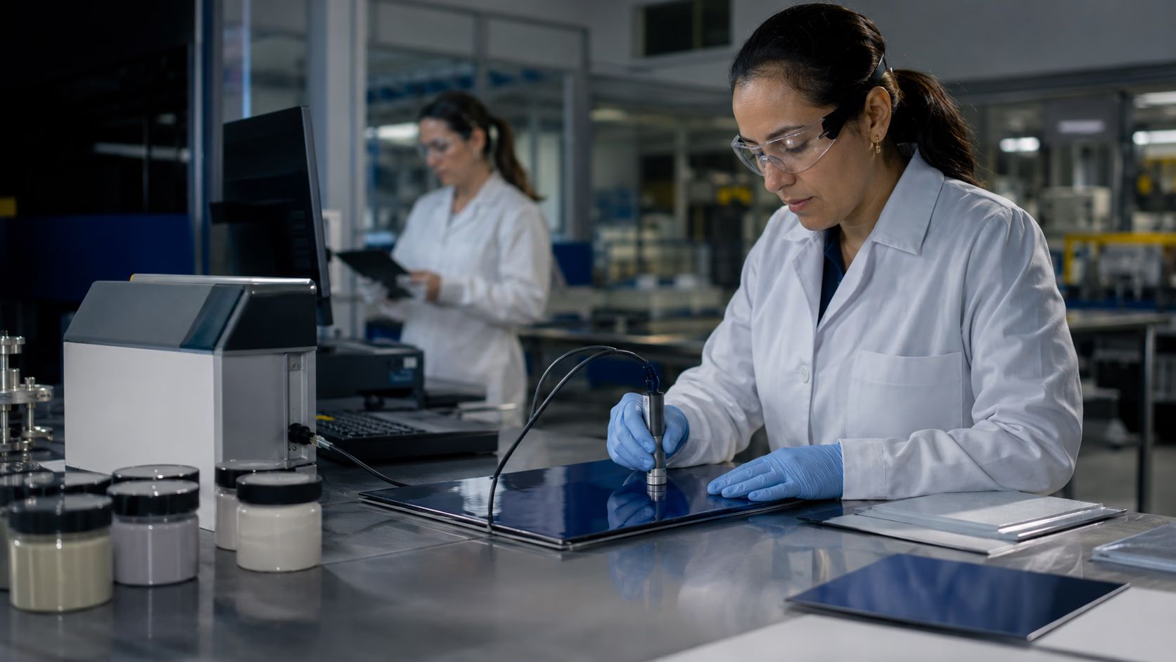 Técnica de laboratório com jaleco e luvas mede o revestimento de um painel escuro com instrumento, ao lado de potes de tinta e químicos