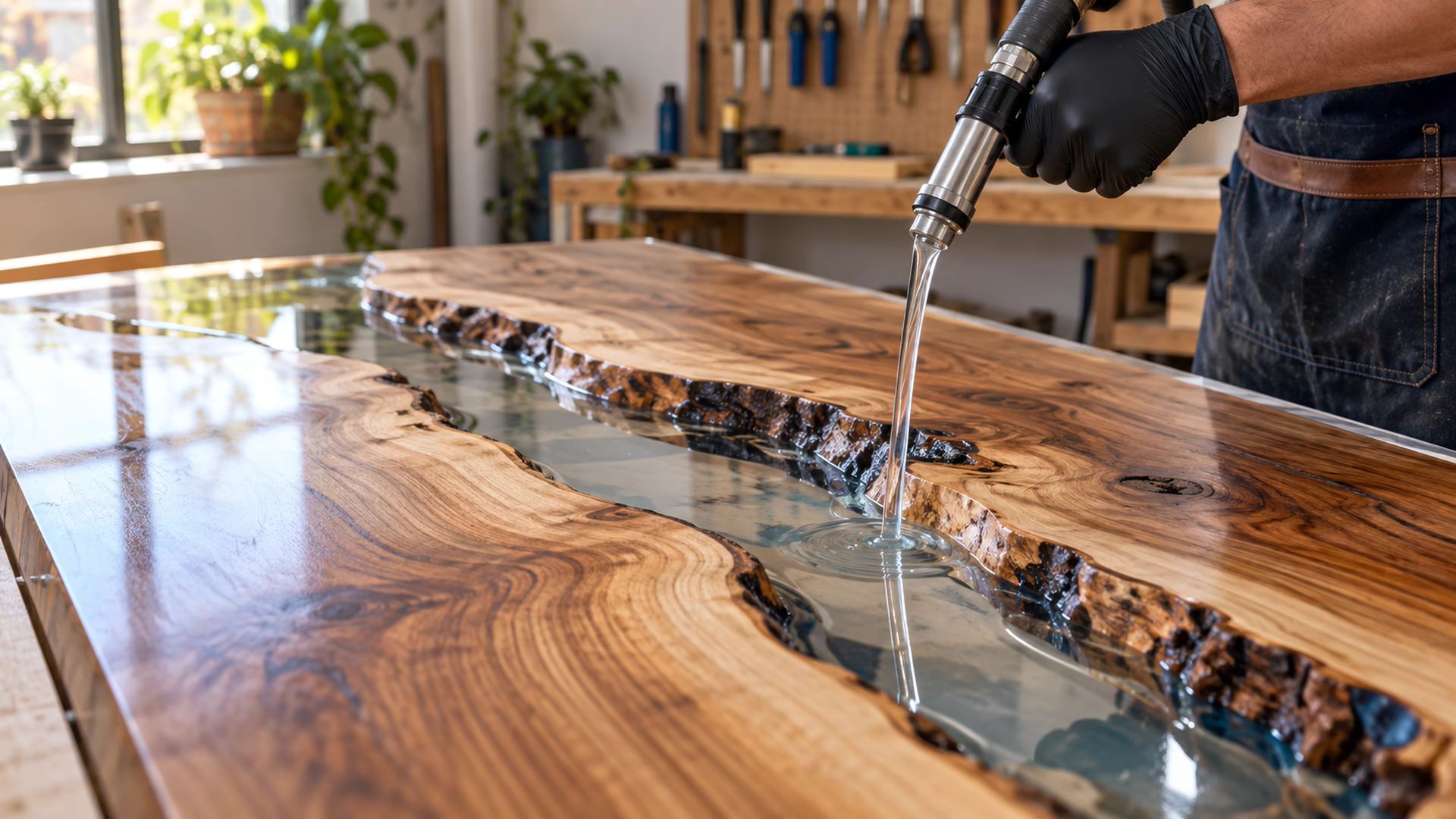 Tampo de mesa rio em madeira sendo preenchido com resina epóxi transparente em bancada de ateliê de artesanato