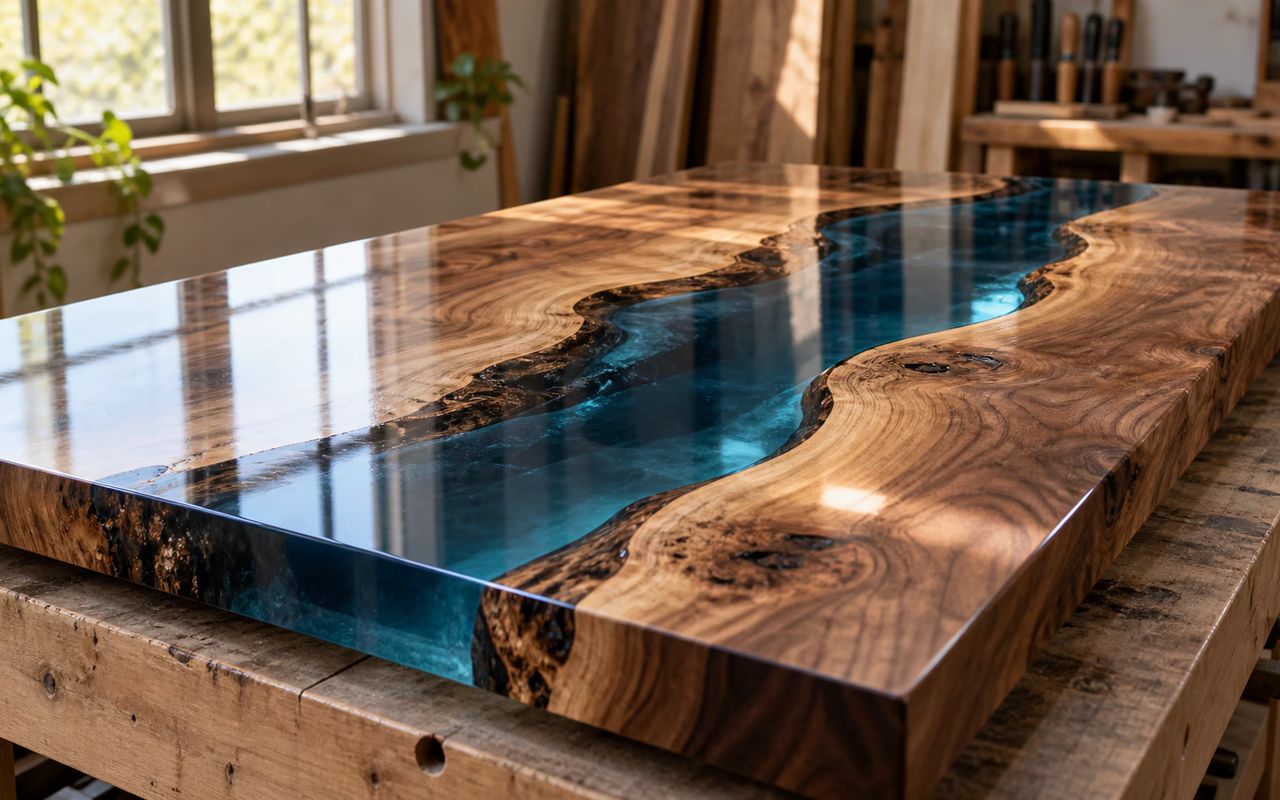 Tampo de mesa rio acabado, com resina epóxi transparente polida entre bordas de madeira natural