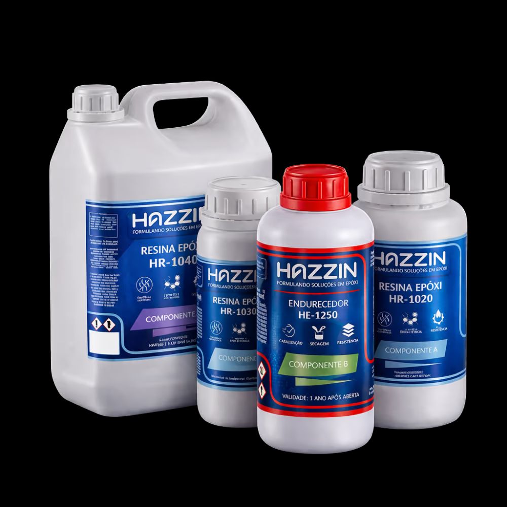 Kit do sistema de resina epóxi HE1250 UV Plus da Hazzin — embalagens de resina HR e endurecedor HE com proteção contra amarelamento