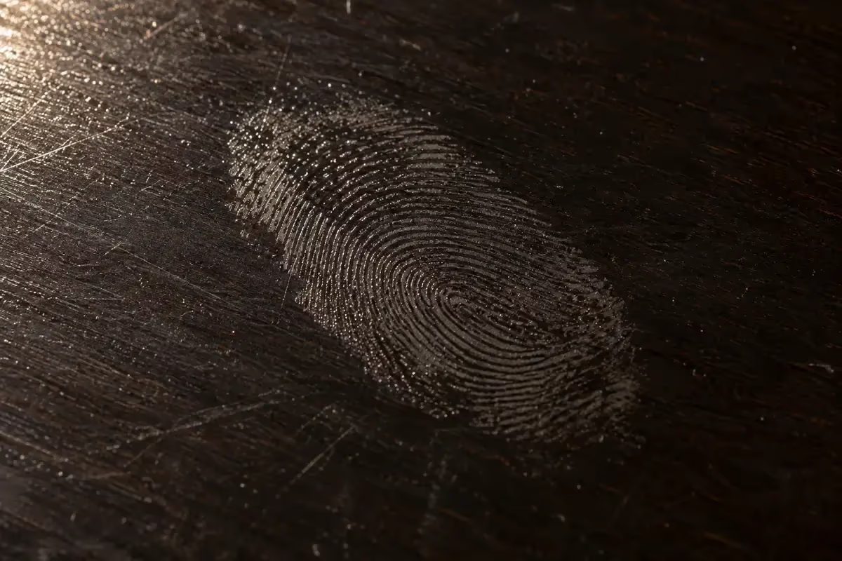 Impressão digital gordurosa marcada na luz rasante sobre superfície escura de madeira, mostrando o filme que a pele deixa ao encostar
