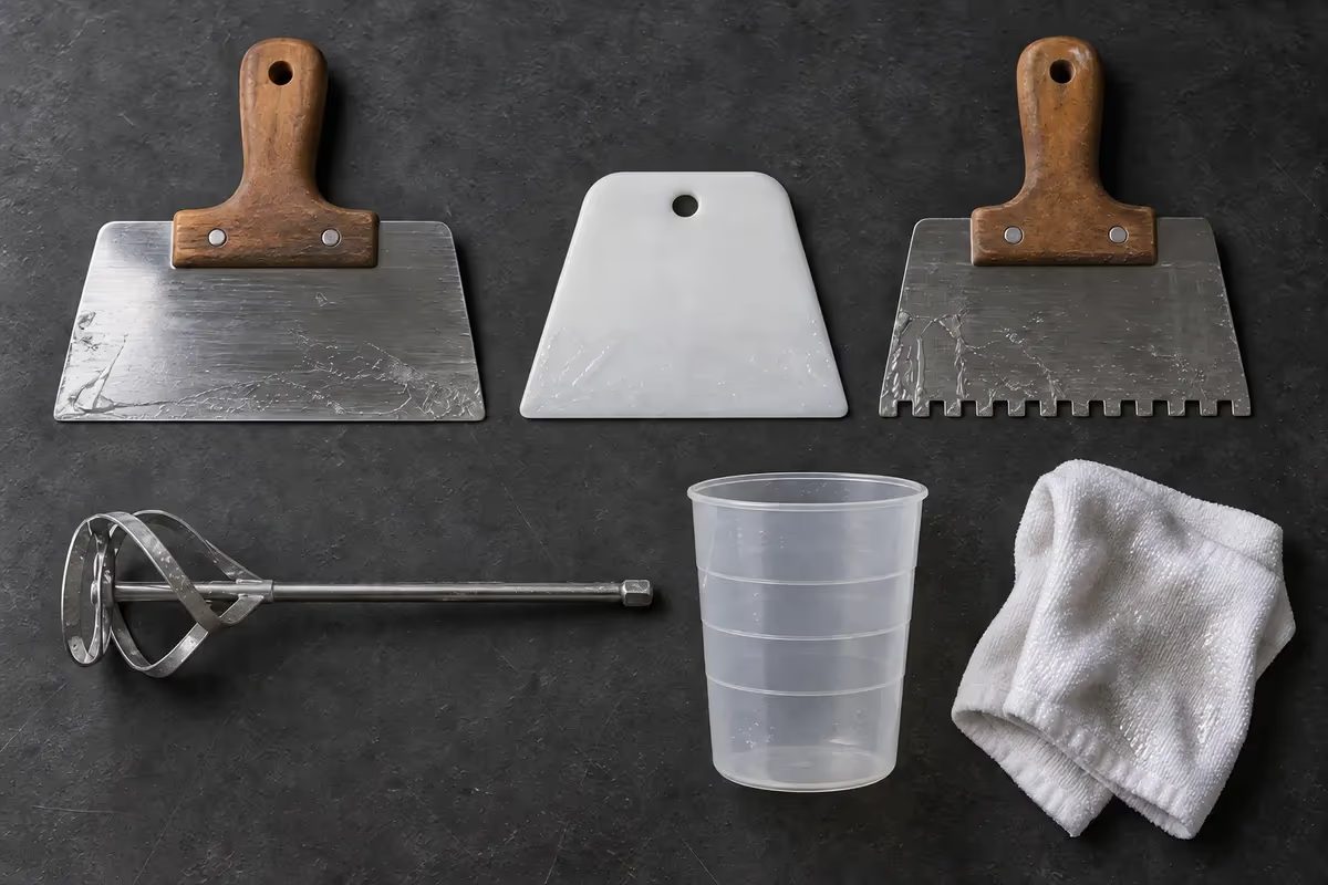 Espátula de metal, espátula plástica, espátula dentada, haste de mistura, copo graduado e estopa branca dobrada sobre bancada escura, prontos para a limpeza antes da aplicação