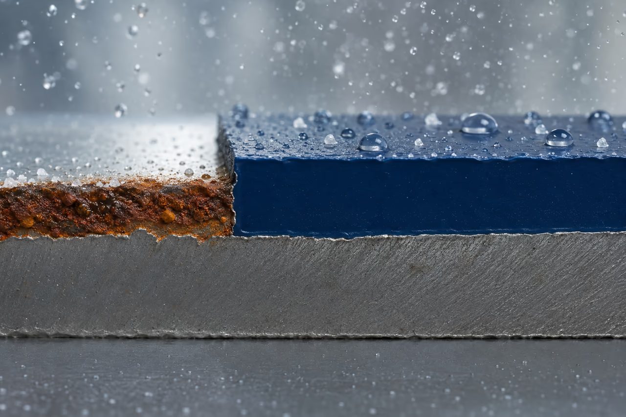 Corte de chapa de aço comparando metal corroído e metal protegido por revestimento epóxi azul contra água e sais