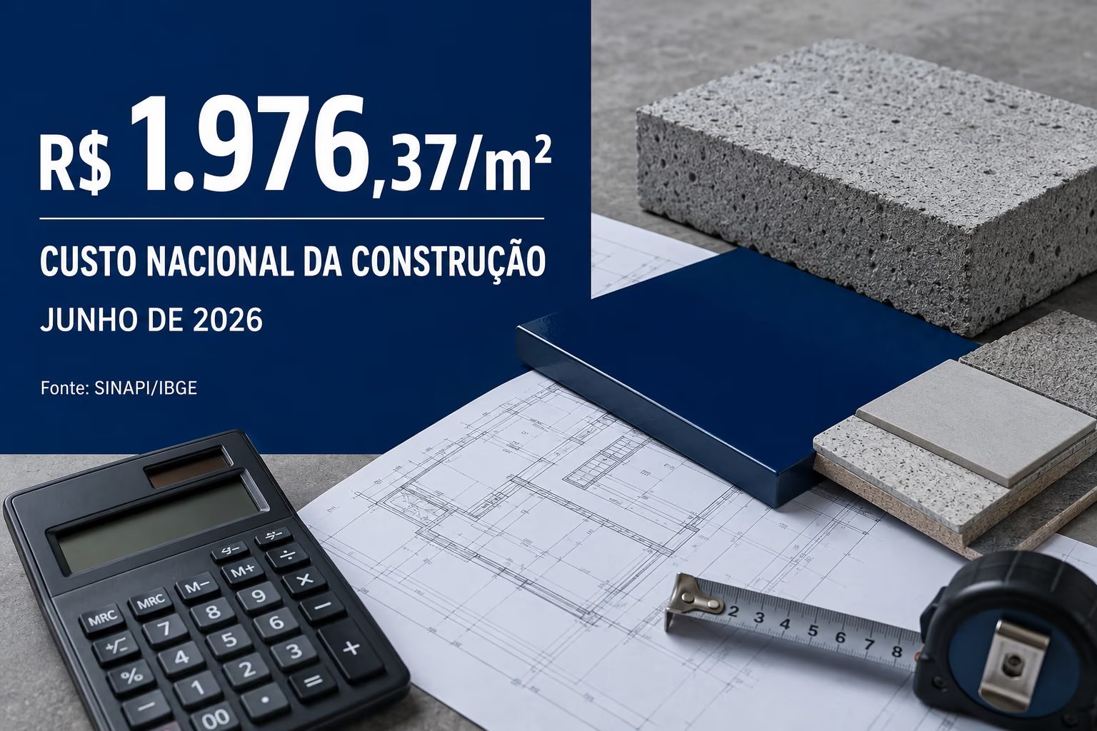 Custo nacional da construção de R$ 1.976,37 por metro quadrado em junho de 2026 segundo o SINAPI do IBGE