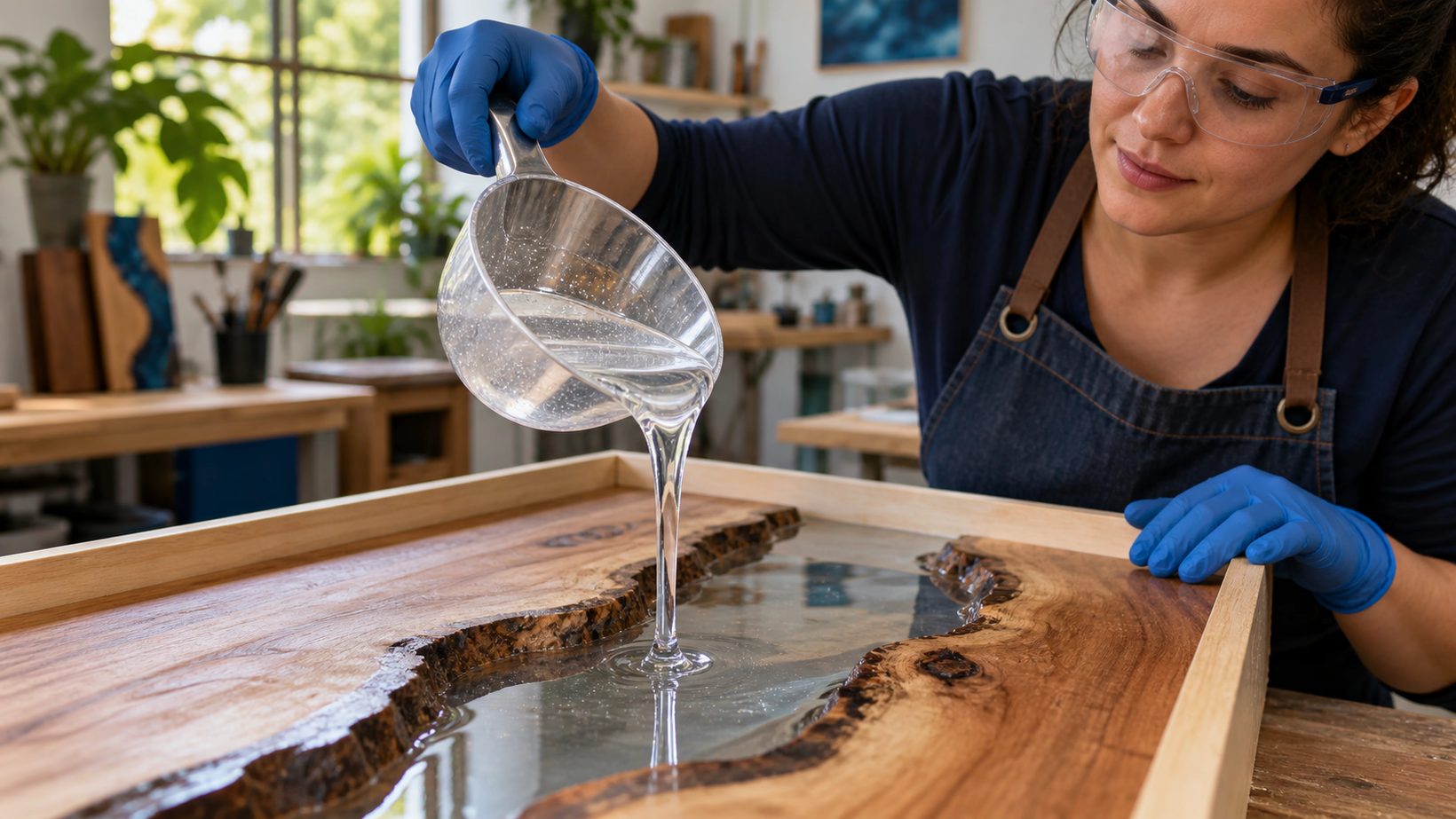 Artesã de luvas nitrílicas e óculos de proteção vertendo resina epóxi transparente em fio fino sobre molde de madeira, em bancada de ateliê ventilado