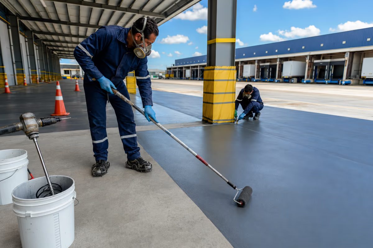 Profissionais aplicando Tinta PU em piso de doca industrial externa e coberta