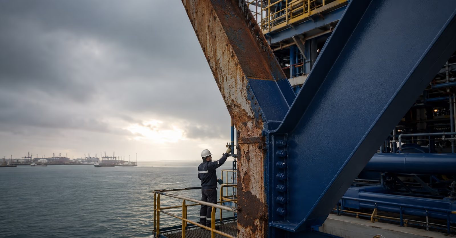 Estrutura metálica industrial à beira-mar com área corroída e área protegida por tinta epóxi anticorrosiva azul