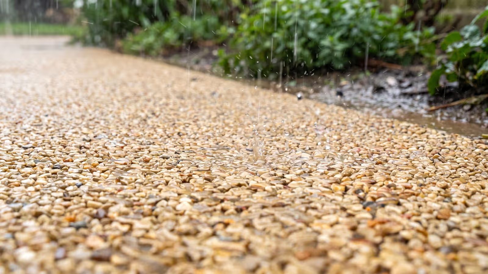 Chuva caindo sobre piso drenante de pedrisco natural com resina Hazzin — a água atravessa a camada permeável sem formar poças