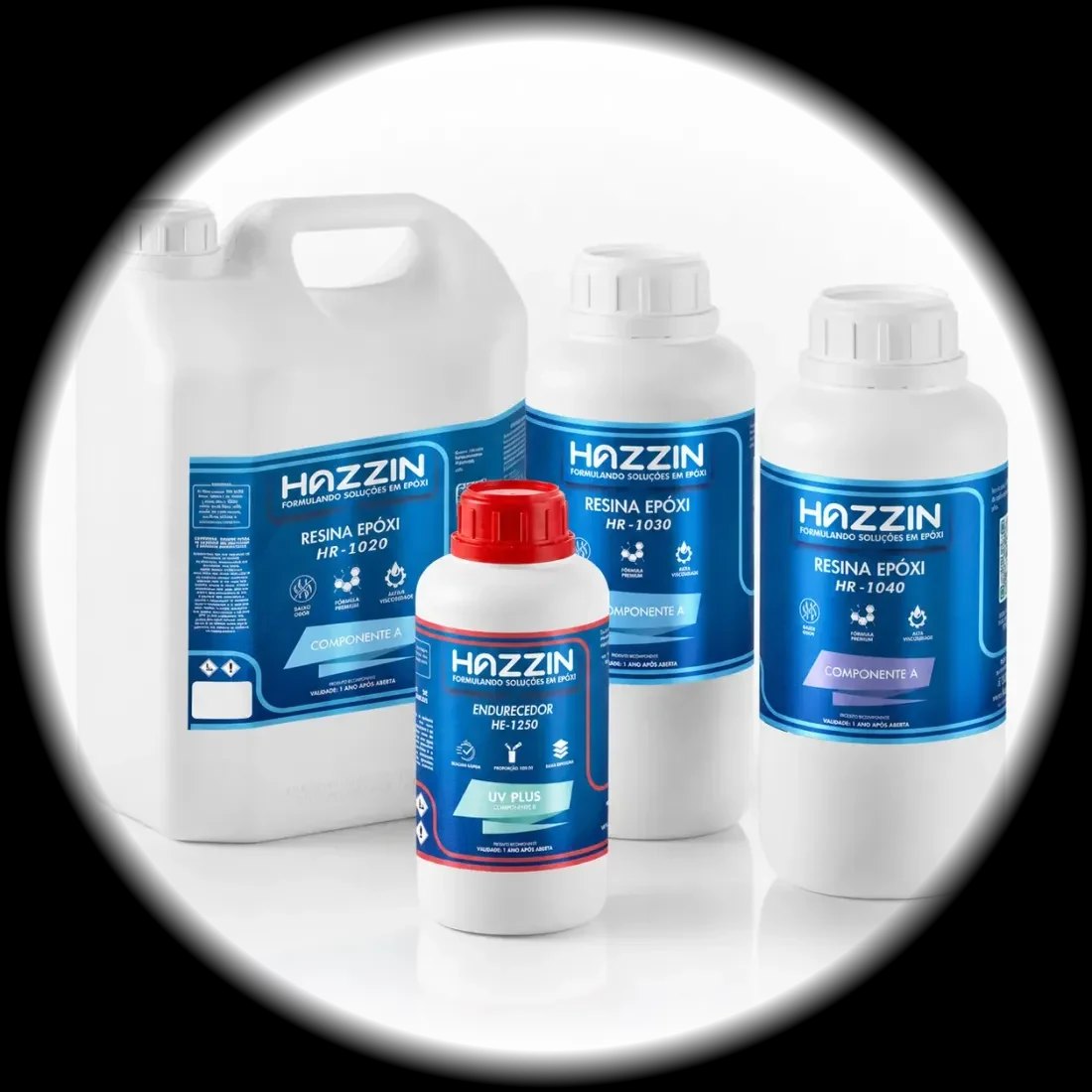 Sistema de resina epóxi HE1250 UV Plus Hazzin: galões das resinas HR compatíveis com o endurecedor HE1250 de baixa espessura com proteção UV