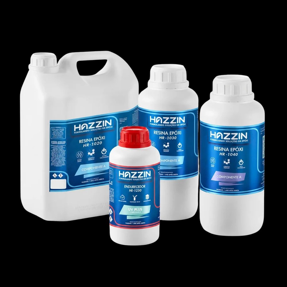 Kit do sistema de resina epóxi HE1250 UV Plus da Hazzin: embalagens de resina HR e endurecedor HE com proteção contra amarelamento