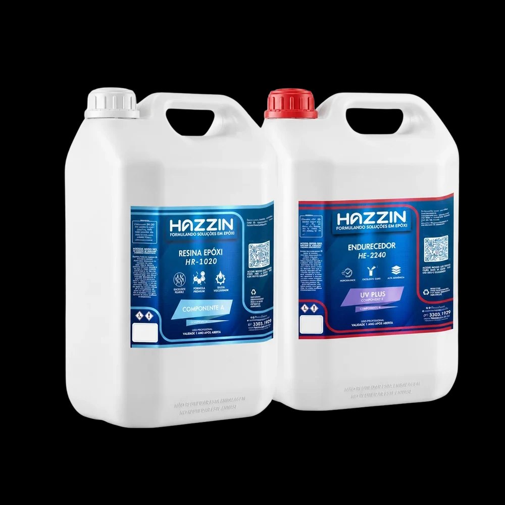 Kit do sistema de resina epóxi HE2240 UV Plus da Hazzin: embalagens de resina HR1020 e endurecedor HE de alta espessura