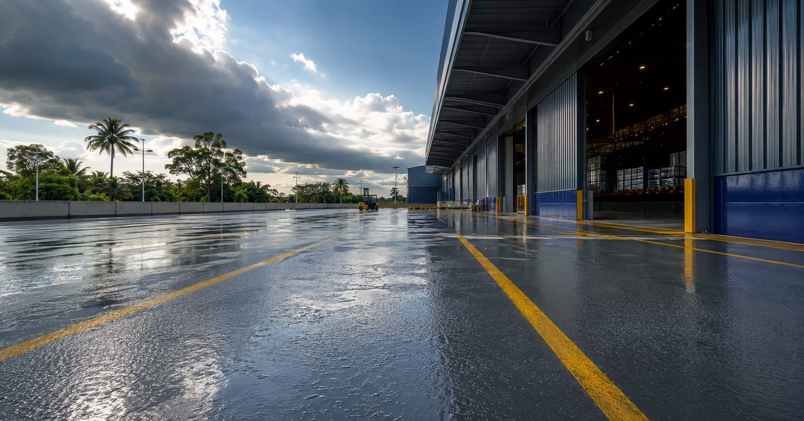 Piso industrial externo com revestimento de Tinta PU exposto ao sol e à chuva, ilustrando o risco climático na indústria
