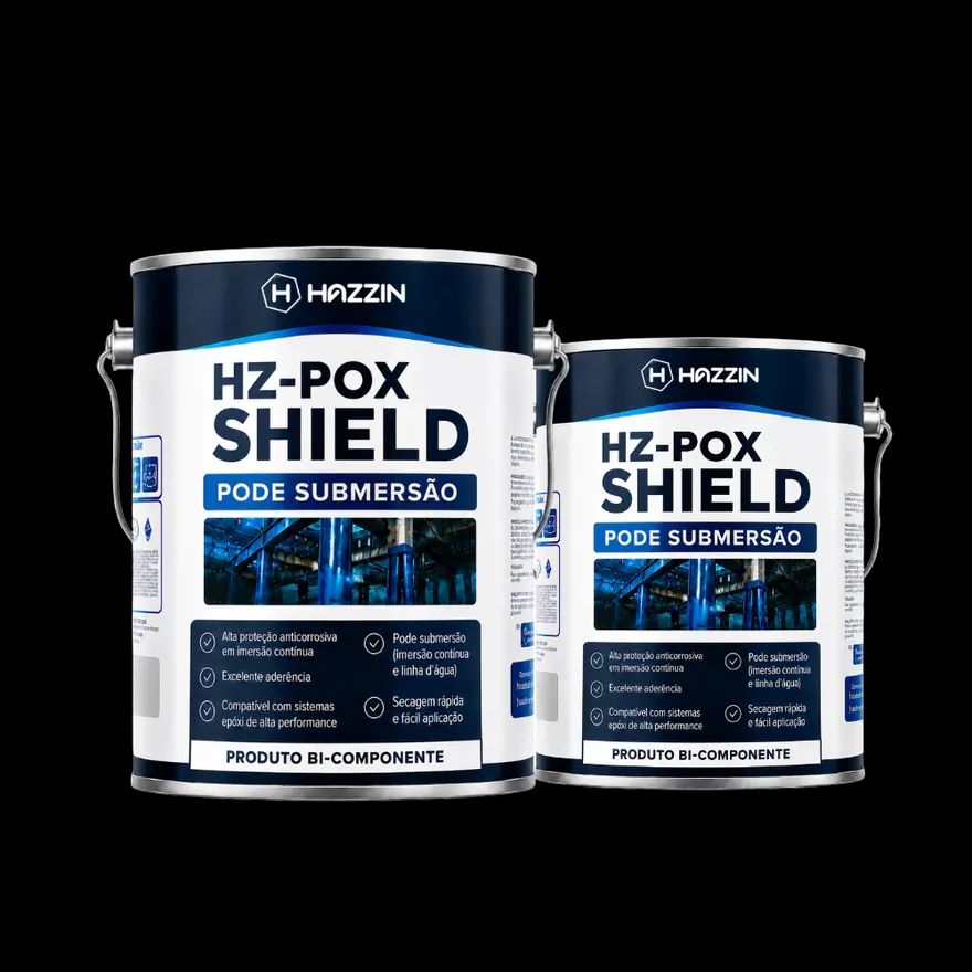 Kit oficial HZ-POX Shield Hazzin — latas dos componentes A e B com o selo 'Pode Submersão' no rótulo