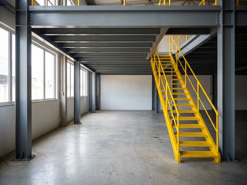 Mezanino e escada de aço pintados com tinta epóxi anticorrosiva HZ-POX Steel 3X com corrimão amarelo segurança