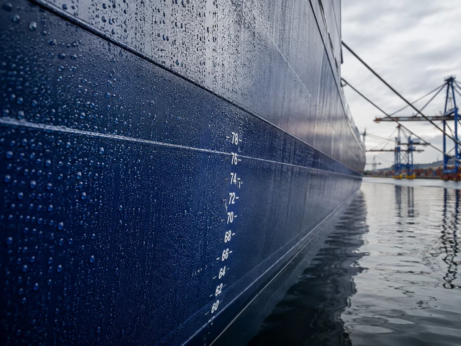 Casco de navio de ferro azul-profundo recém-protegido na linha d'água, chapas de aço soldadas com marcas de calado brancas, gotas d'água em pérola sobre a pintura molhada e guindastes do porto ao fundo