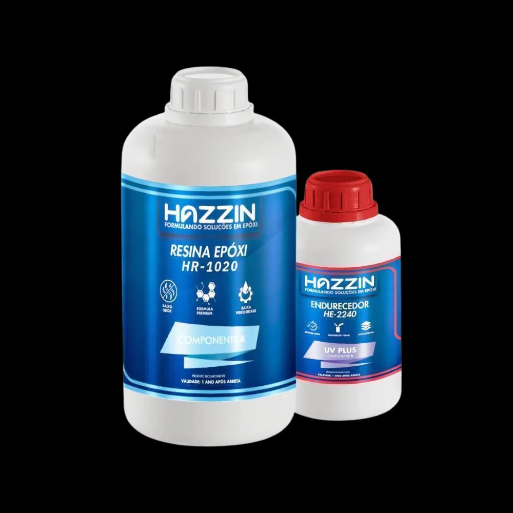 Kit do sistema de resina epóxi HE2240 UV Plus da Hazzin — embalagens de resina HR1020 e endurecedor HE de alta espessura