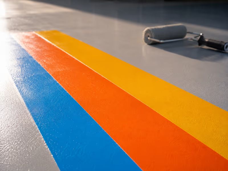 Três faixas de demarcação recém-pintadas em azul, laranja e amarelo sobre piso cinza, com rolo de pintura ao lado