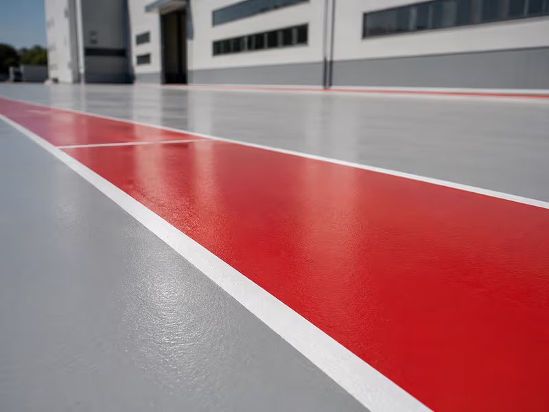 Piso industrial externo em tinta PU cinza claro com faixa de segurança vermelha e bordas brancas