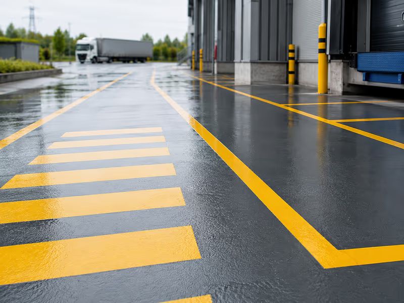Pátio de carga externo molhado de chuva com piso em tinta PU cinza escuro e faixas amarelas de circulação