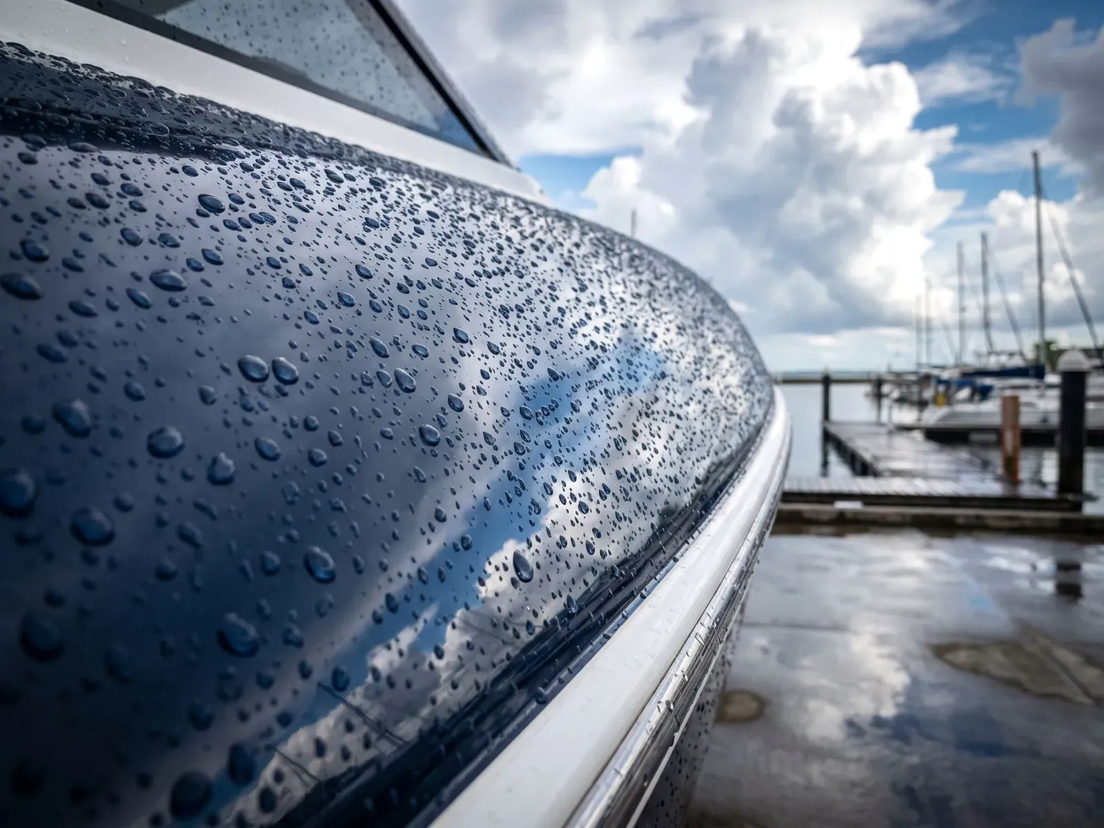 Casco de lancha em marina pintado com epóxi protetivo azul profundo molhado, gotas d’água apoiadas sobre a pintura após a chuva, céu de nuvens dramáticas e docas ao fundo