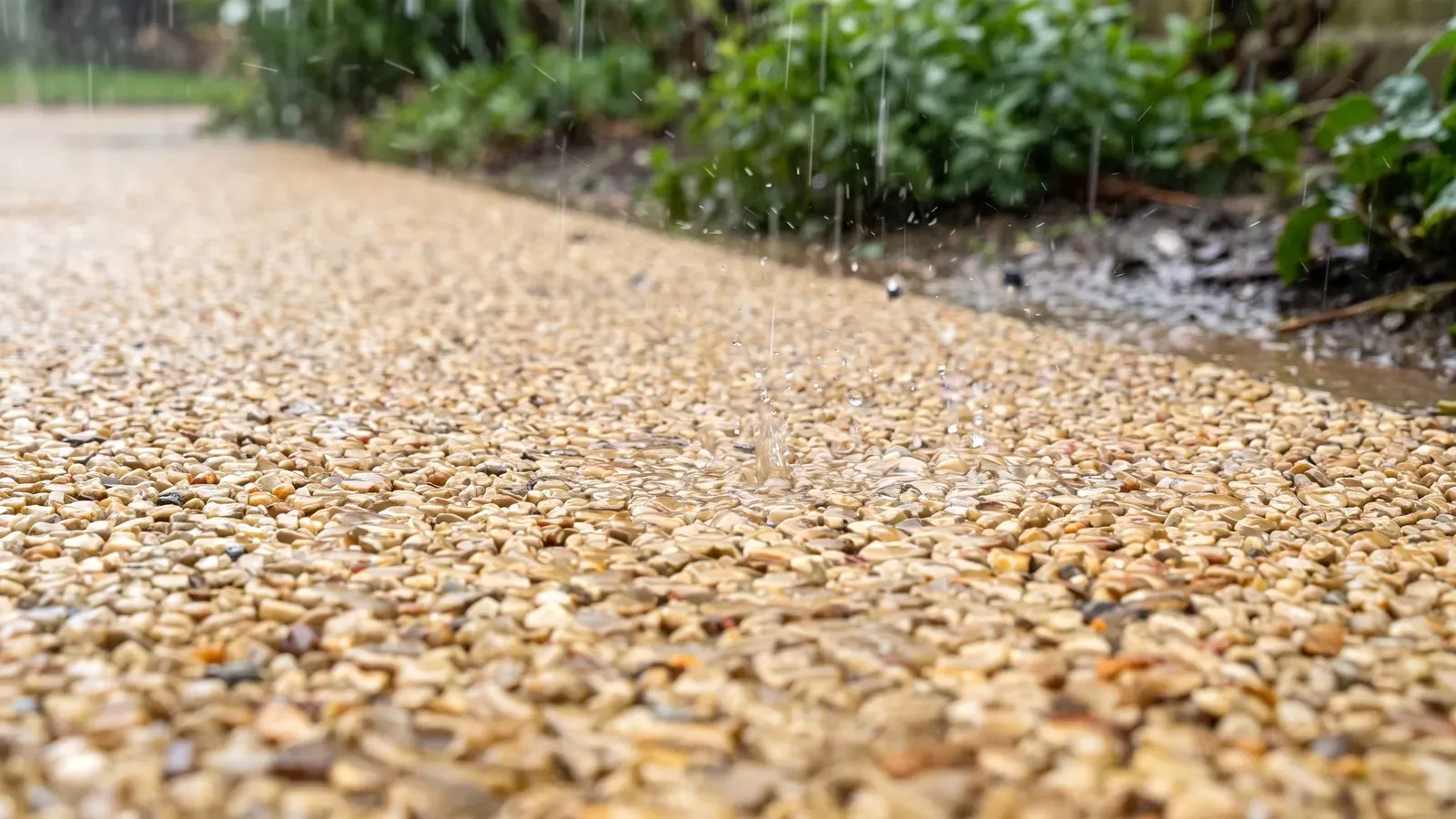 Chuva de dia caindo sobre piso drenante de seixos naturais bege com a água sendo drenada entre as pedras