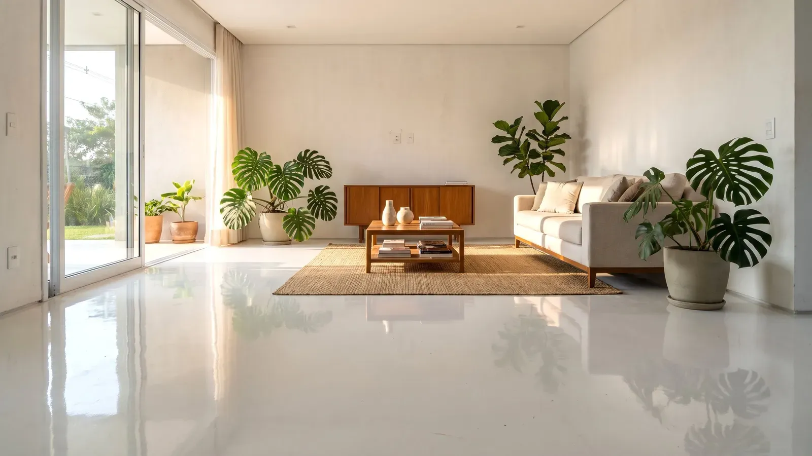 Sala residencial com porcelanato líquido branco espelhado sem juntas refletindo sofá e plantas na luz da tarde