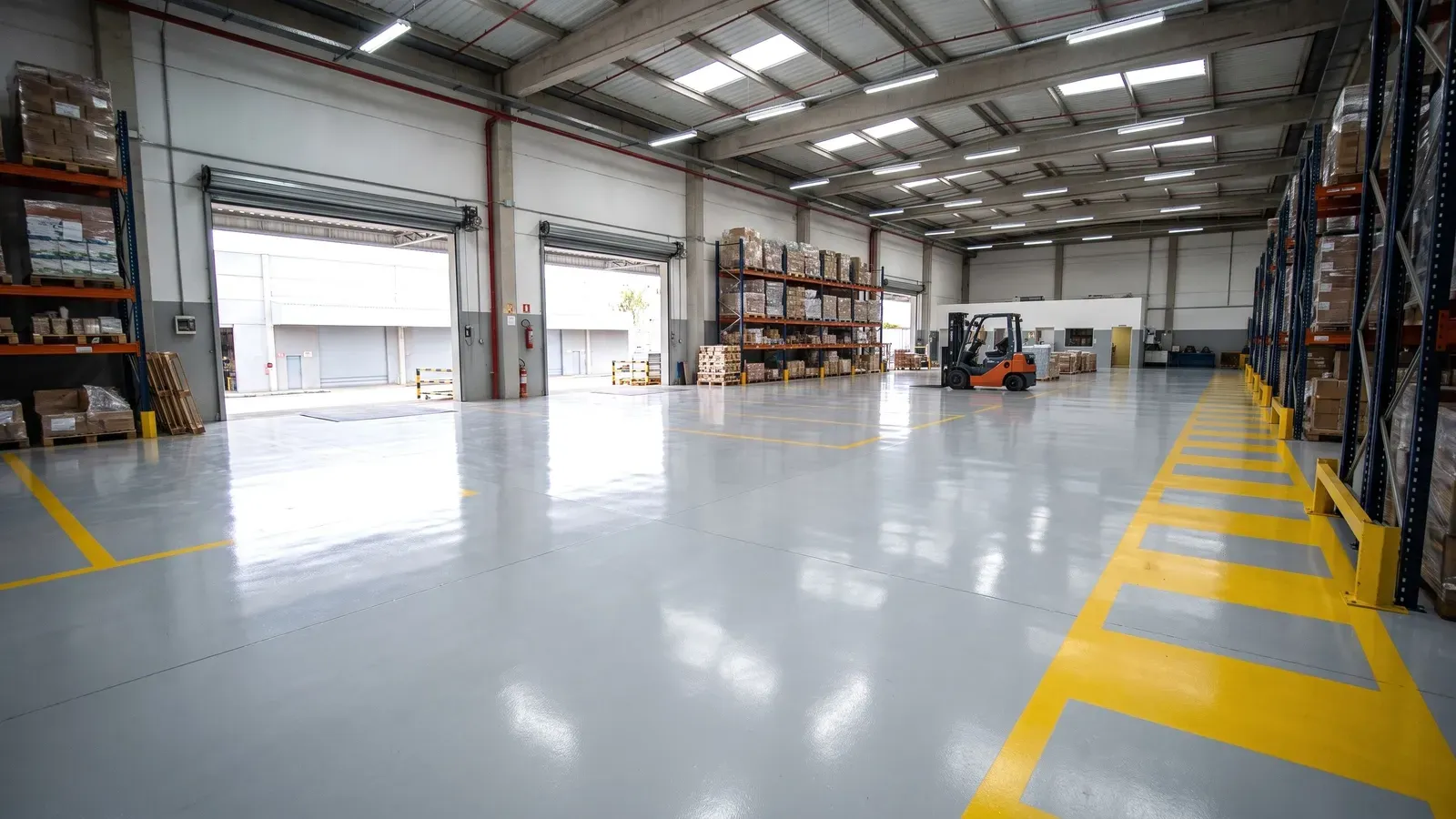 Galpão industrial real com piso de tinta epóxi cinza claro aplicada e demarcação amarela, racks de paletes e empilhadeira sob luz do dia