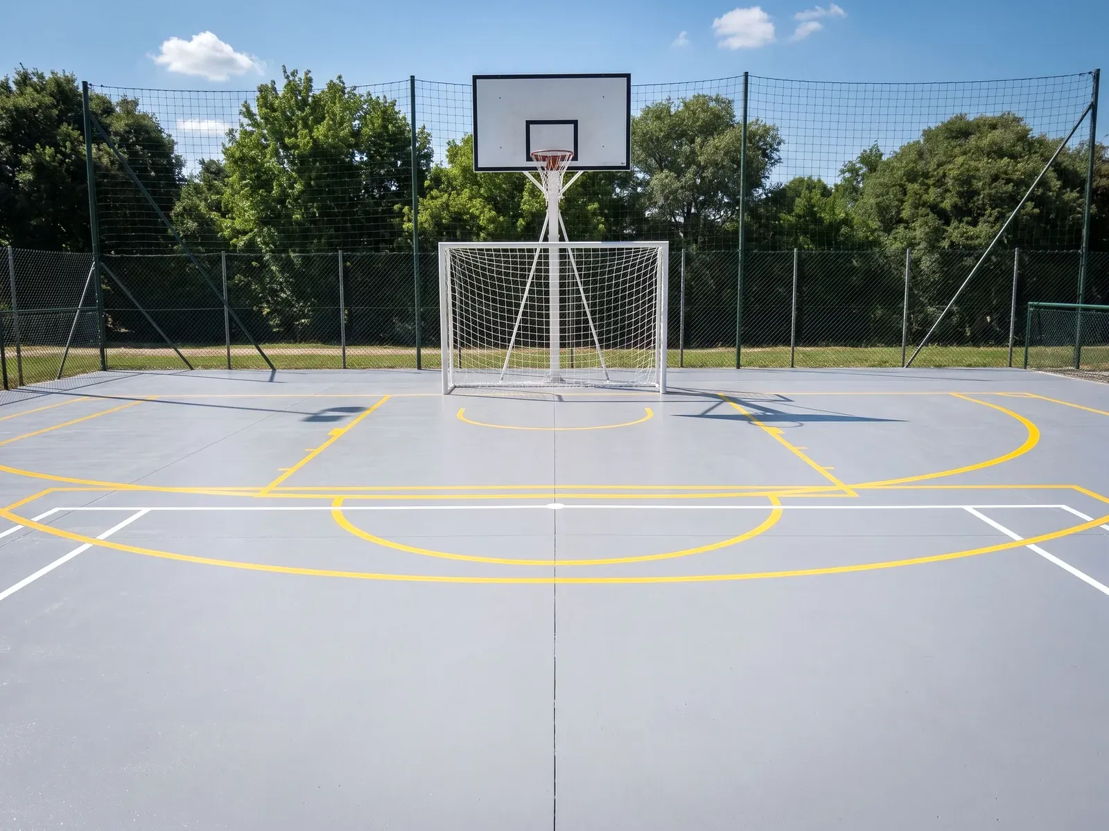 Quadra de futsal externa ao sol com piso pintado de tinta PU cinza e linhas amarelas, trave de gol e tabela de basquete